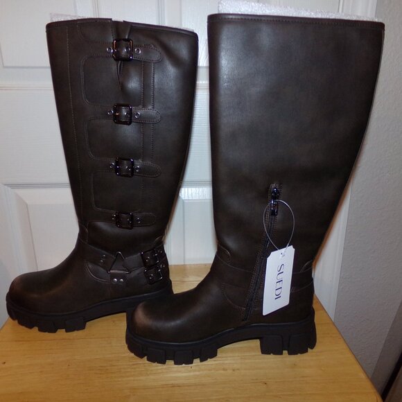 Suedi Women's Knee High Riding Boots /Side Zipper Chunky Platform Motorcycle 10 - Picture 2 of 9